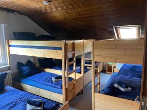 加格瑙Naturfreundehaus Grosser Wald的客房内的2张双层床和蓝色枕头