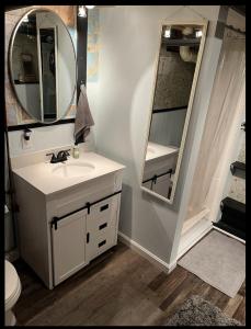 波特兰Guest Space on the Portland Peninsula的一间带水槽和镜子的浴室