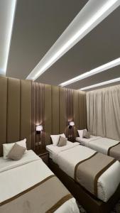 阿尔莎法النخيل رست的一间设有三张床的客房,天花板上设有灯