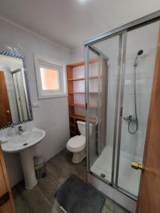 科克拉内Casa familiar的带淋浴、卫生间和盥洗盆的浴室