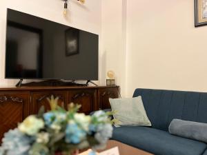 索非亚City centre stylish apartament with private backyard的客厅配有蓝色的沙发和平面电视。