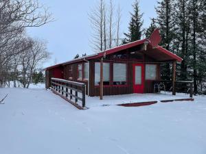 教堂城Lakeview cabin near Kirkjubaejarklaustur的雪中红色屋顶的小屋