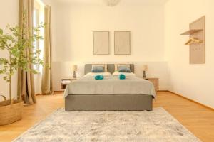 多瑙河畔克雷姆斯Deluxe Apartments near the center的一间卧室配有一张带地毯的大床