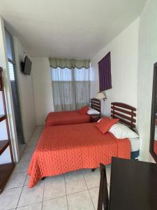 弗洛勒斯萨瓦纳酒店的一间卧室设有两张带红色床单的床和窗户。