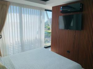 圣克鲁斯Departamento con vista de lujo的一间卧室设有一张床、一台电视和一个窗口。
