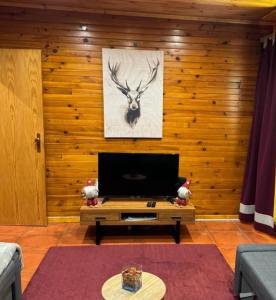科维良Mountain Lodge T3 Duplex Abrigo do Lobo的客厅设有木墙,配有平面电视。