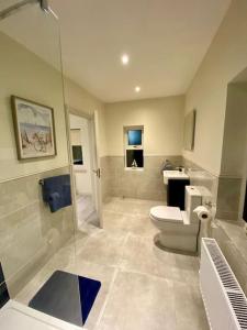 卡斯莱兰Modern family home的一间带卫生间和玻璃淋浴间的浴室