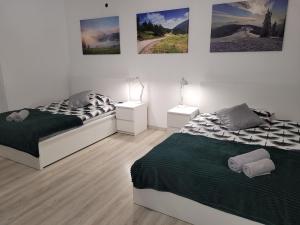 文盖尔斯卡－古尔卡Apartament BESKIDLOVE的卧室配有两张床,墙上挂有图片