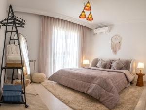 突尼斯Villa Victoria的一间卧室设有一张床和一个大窗户