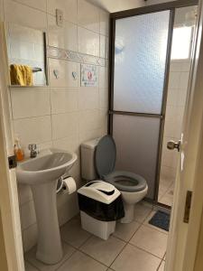 科恰班巴Hermosa y cómoda casa en Cochabamba的浴室配有卫生间、盥洗盆和淋浴。