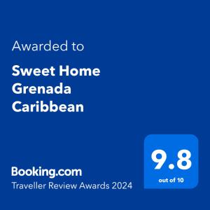 Lance aux ÉpinesSweet Home Grenada Caribbean的手机的屏幕,手机的文本升级为甜蜜的祖父车