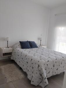 门多萨Mendoza Viejo Tonel的白色卧室配有一张带蓝色枕头的床