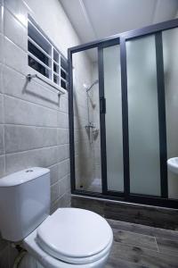 MadinaBig Chill Stays(Texas)的一间带卫生间和玻璃淋浴间的浴室