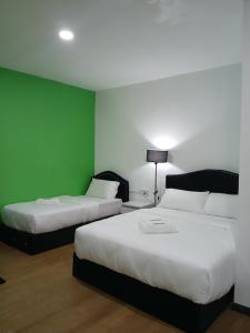 哥打巴鲁TZ SATELLITE HOTEL, Kota Bharu的一间设有两张床和绿色墙壁的客房