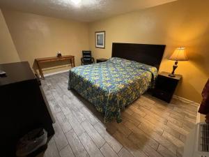 巴拿马城海滩Cook's Motel的配有一张床和一张书桌的酒店客房