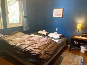 轻井泽Bellscabin Guesthouse的蓝色墙壁间的一张床位