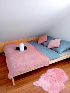耶莱希尼亚Domek u Anitki i Nikosia的一张带枕头和粉红色毯子的平台床