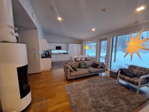 罗瓦涅米北极光别墅 的一间带两张沙发的客厅和一间厨房