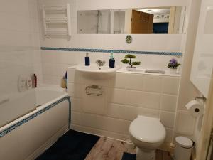 克劳利Stylish 2BD near Gatwick Airport in Crawley的浴室配有卫生间、盥洗盆和浴缸。