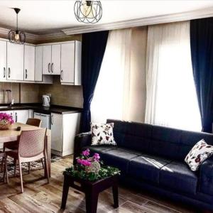 伊兹密尔Apart TU Çeşme的一间带蓝色沙发的客厅和一间厨房