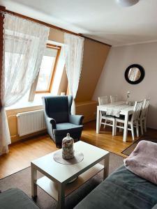 UuemõisaHuhtala apartment的客厅配有沙发和桌子