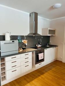 UuemõisaHuhtala apartment的厨房配有白色橱柜和炉灶烤箱。