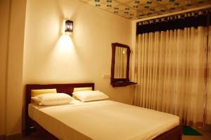 达瓦拉维Royal Inside Hotel的卧室内的一张带两个枕头和镜子的床
