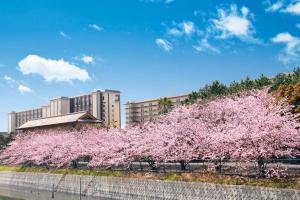 木更津Ryugujo Spa Hotel Mikazuki Fujimitei的一座建筑物前有粉红色花的树