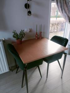 VledderDe Lindehoeve Appartement de Deel的一张木桌,四周摆放着两把绿色椅子