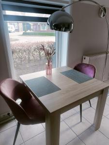 VledderDe Lindehoeve Appartement de Pompestraat的餐桌,配有两把椅子和一盏灯