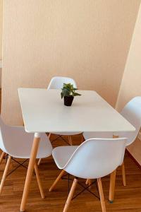 皮乌拉Departamento Piura的白色的桌子和椅子,上面有盆栽植物