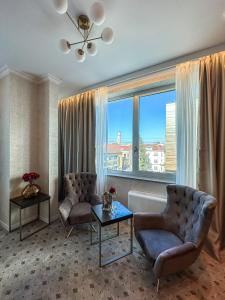 巴尼亚卢卡维多维奇酒店的客厅配有两把椅子和大窗户