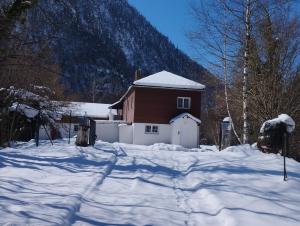 欧波讷L'impératrice的雪中的房子,背景是山