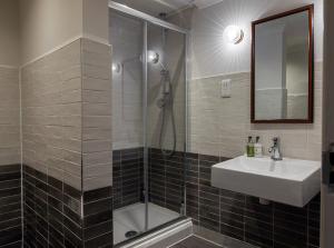 汤布里奇木匠阿姆斯酒店的带淋浴、盥洗盆和镜子的浴室