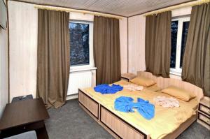 德拉格布拉特Готель Міленіум的一间卧室配有一张大床,上面有蓝色的毛巾