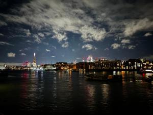 伦敦CB53 Tower Bridge Townhouse 2 bathrooms & Free parking的夜晚从水面上欣赏城市美景