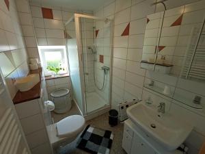 洪堡Ferienwohnung / Ferienhaus Homburg的带淋浴、卫生间和盥洗盆的浴室