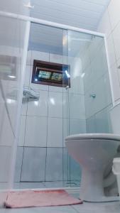 邦比尼亚斯Casa Mico Leão Dourado的一间带玻璃淋浴和卫生间的浴室
