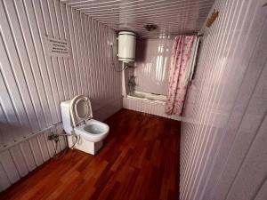 斯利那加The Heritage Safina Group Of Houseboats的铺有木地板,设有带卫生间的小浴室。