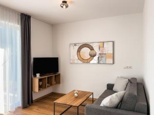施利特尔斯AlpenLuxus' SIGIS Zillertalblick with 3 Bedrooms & Parking Space的带沙发和电视的客厅