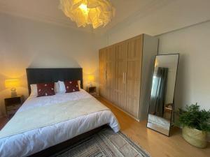 维戈Luxe Home Centro de Vigo YBH35的一间卧室设有一张大床和一个大镜子