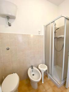 圣温琴佐Appartamento Elisa的带淋浴、卫生间和盥洗盆的浴室
