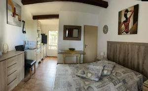 圣马迪拉莫les deux pins的一间带大床的卧室和一间厨房