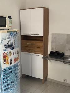 圣保罗Edículas da vivi的带冰箱和白色橱柜的厨房