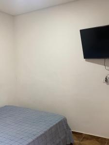 圣保罗Edículas da vivi的一间卧室配有一张床,墙上设有一台平面电视