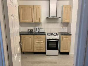 伦敦London Stratford 4 Bedrooms Apartment的厨房配有木制橱柜和炉灶烤箱。
