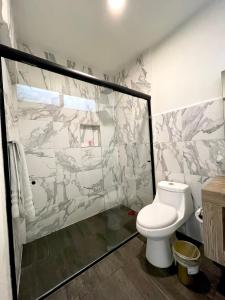 Chilpancingo Capital Suites的一间带卫生间和玻璃淋浴间的浴室