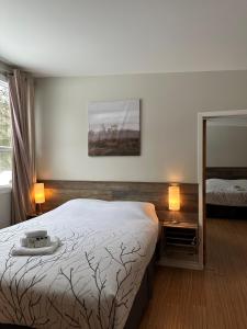 蒙特朗布朗Auberge Morritt的一间卧室配有一张床、两盏灯和一面镜子