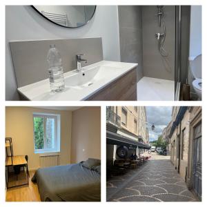 圣艾蒂安Appartement Saint-Etienne hyper centre的一间带水槽、淋浴和镜子的浴室