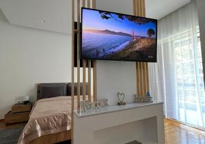 雅典Sea View Studio的卧室配有挂在墙上的平面电视。